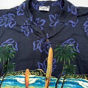 Paradise Style Hawaii Shirt Mens L Navy Blue Surfboard Scenic Aloha Camp Cotton
